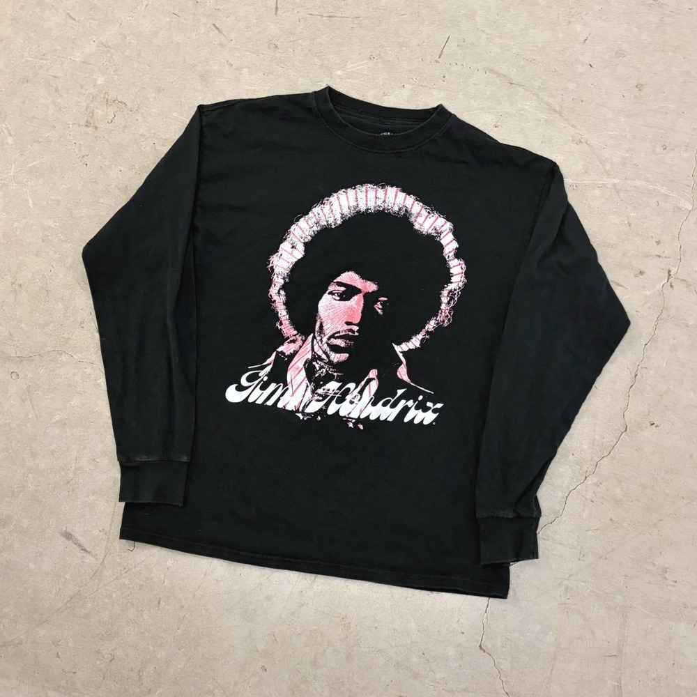 Authentic Jimi Hendrix Mens Black Long Sleeve Graphic T-Shirt Rock Band Tee L